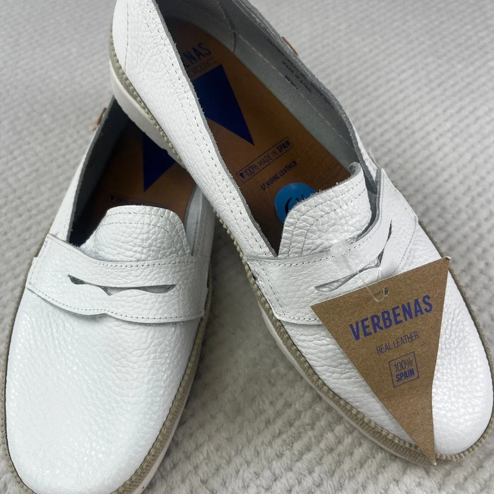 Verbenas White Pebbled Leather Penny Loafers Made in Spain Size 37/6.5-7 NEW